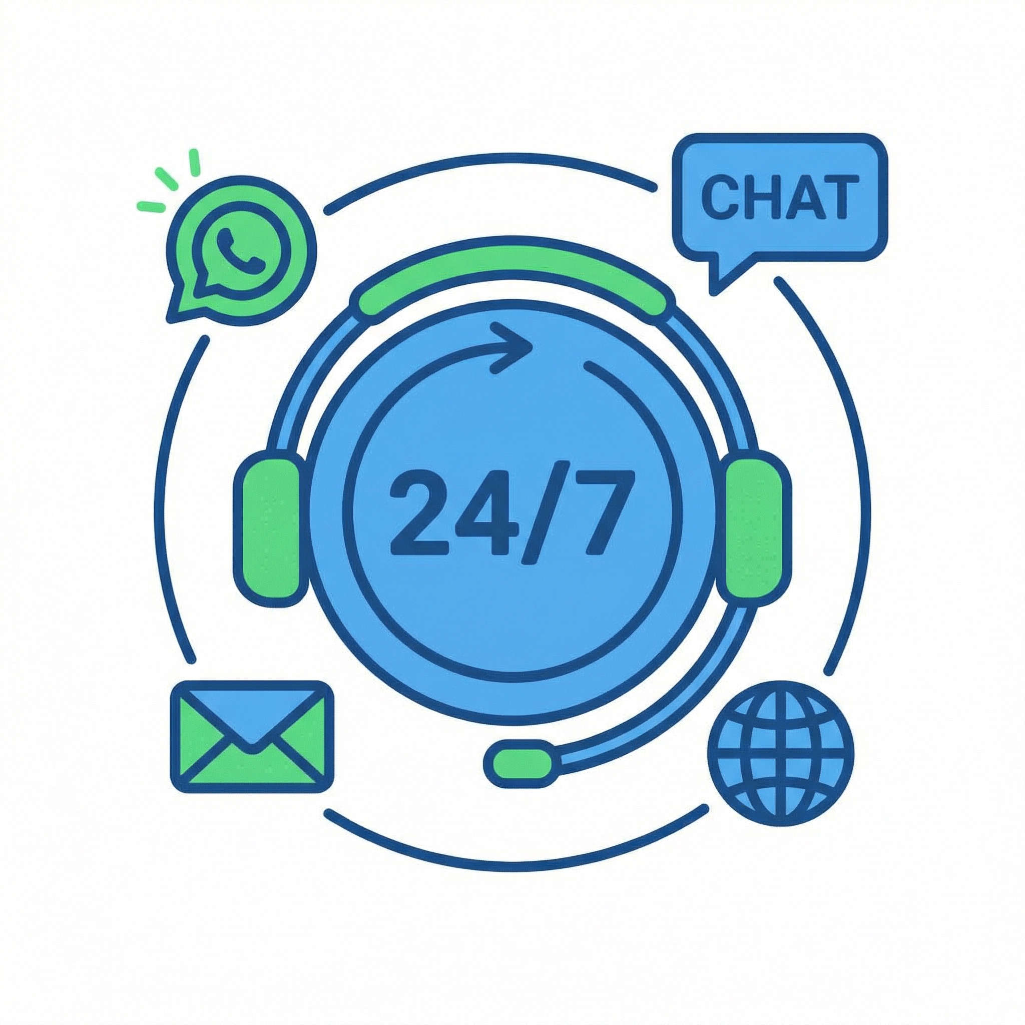24/7客户支持服务 - 在线聊天、WhatsApp、电子邮件
